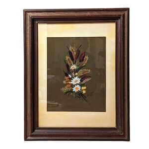 VTG Handmade Crewel Framed Matted 24"X30" Flowers Wheat Cattails EUC